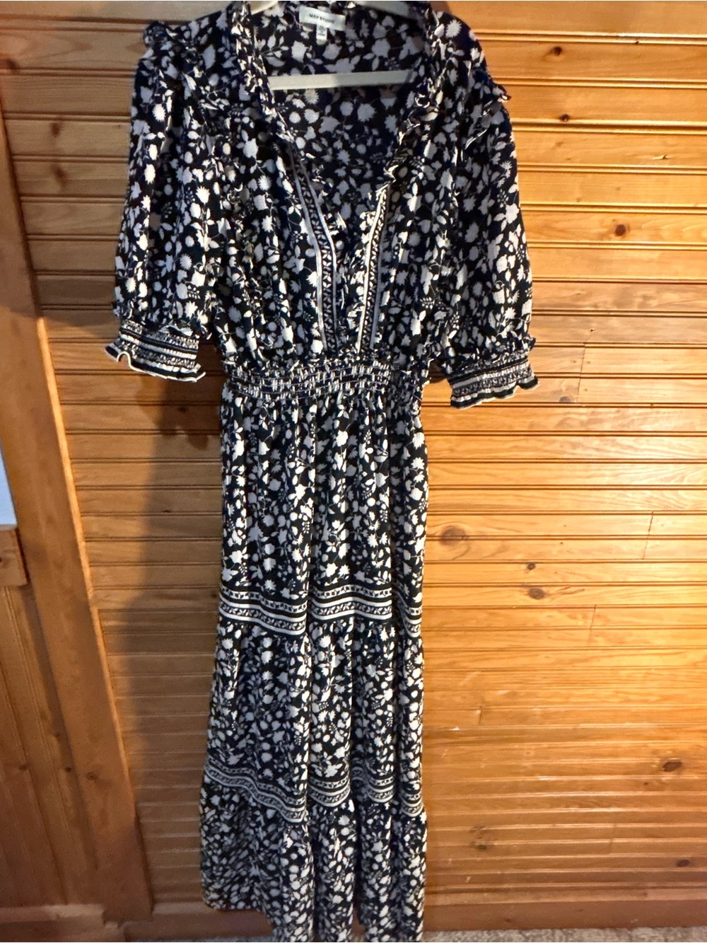 Max Studio Navy and White Floral Smocked Waist Maxi Dress